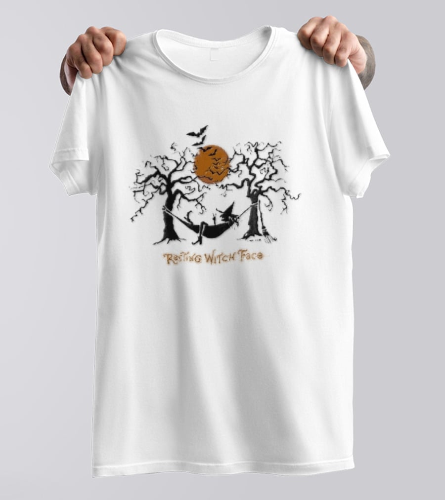 Resting Witch Face Halloween Hammock With Bats And Trees T-Shirt