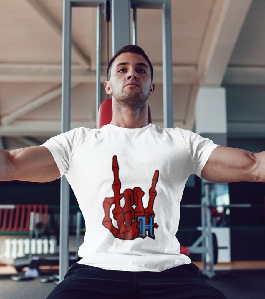 Red Skeleton Hand Sign With Blue H T-Shirt