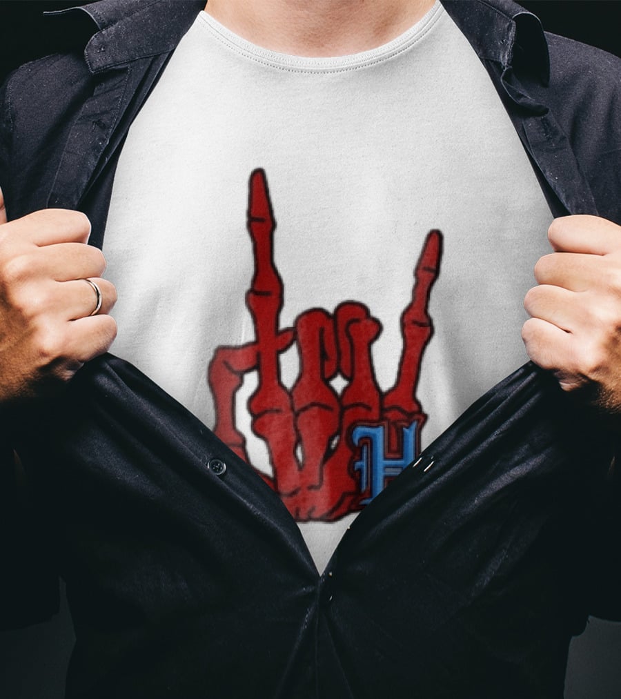 Red Skeleton Hand Sign With Blue H T-Shirt