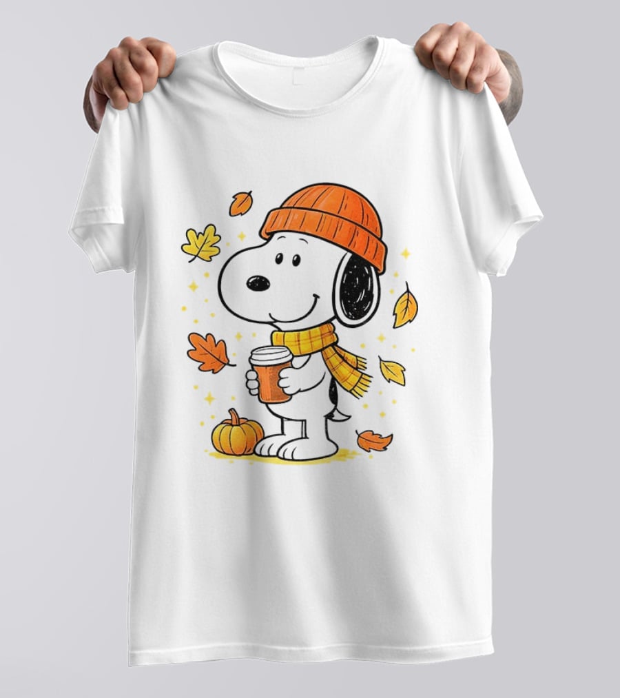 Snoopy Fall Autumn Coffee Pumpkin Leaves Warm Scarf Beanie Hat T-Shirt