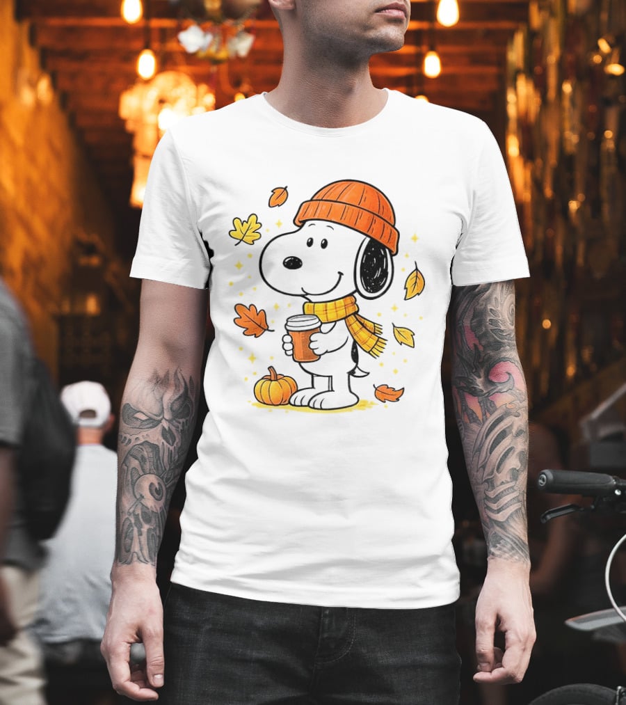 Snoopy Fall Autumn Coffee Pumpkin Leaves Warm Scarf Beanie Hat T-Shirt