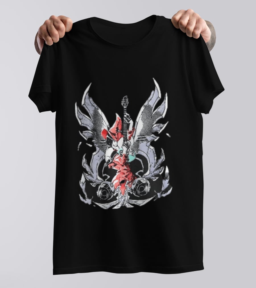Anime Girl With Wings Holding Guitar Angelic Rock Star Fantasy T-Shirt