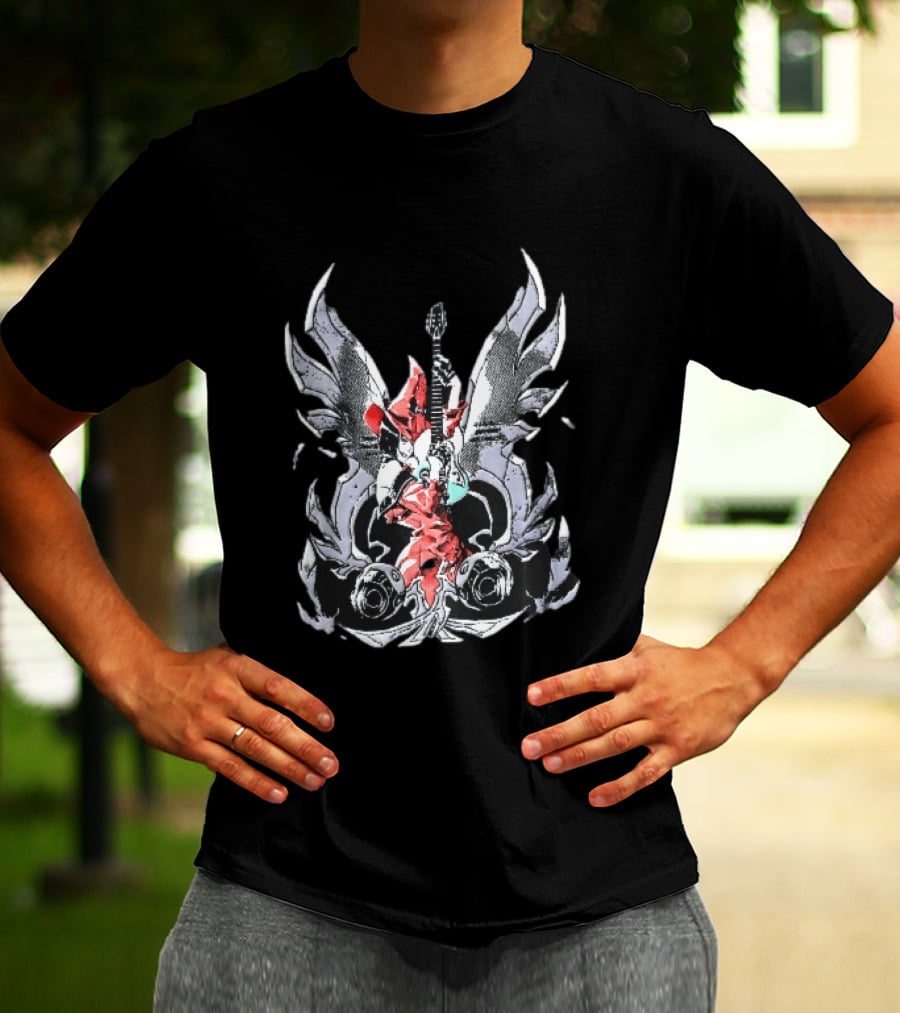 Anime Girl With Wings Holding Guitar Angelic Rock Star Fantasy T-Shirt