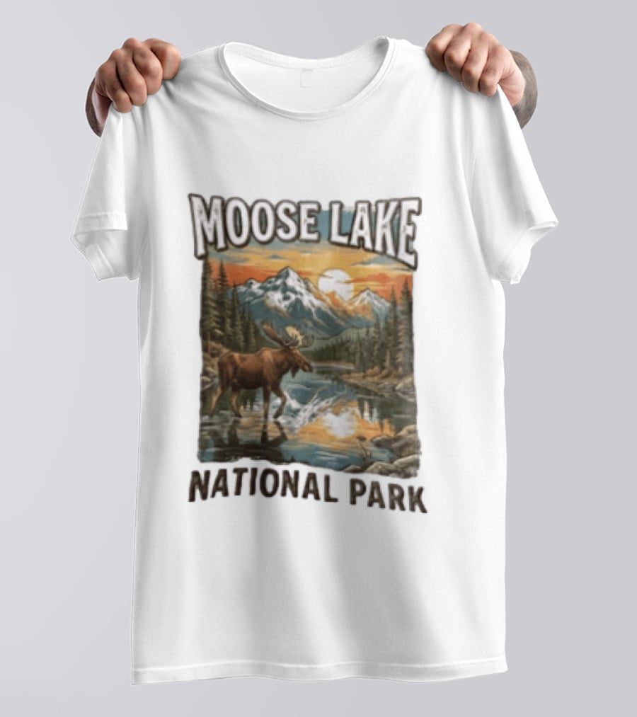 Moose Lake National Park Moose In Water Scenic Mountain Landscape T-Shirt