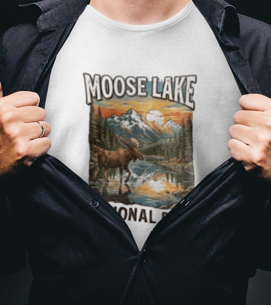 Moose Lake National Park Moose In Water Scenic Mountain Landscape T-Shirt