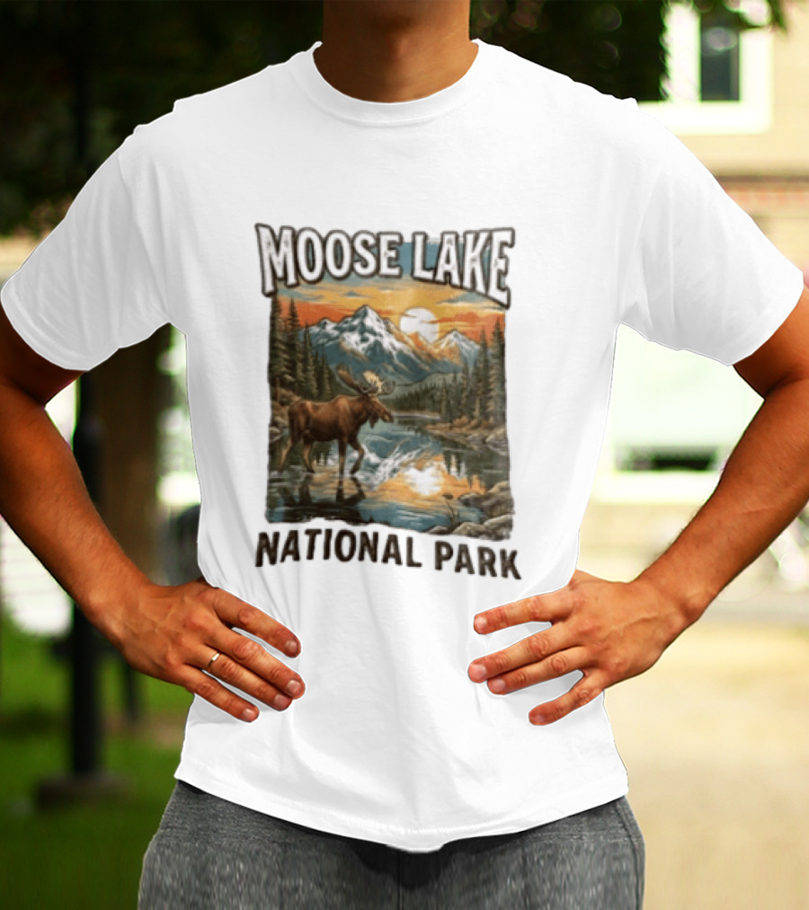 Moose Lake National Park Moose In Water Scenic Mountain Landscape T-Shirt