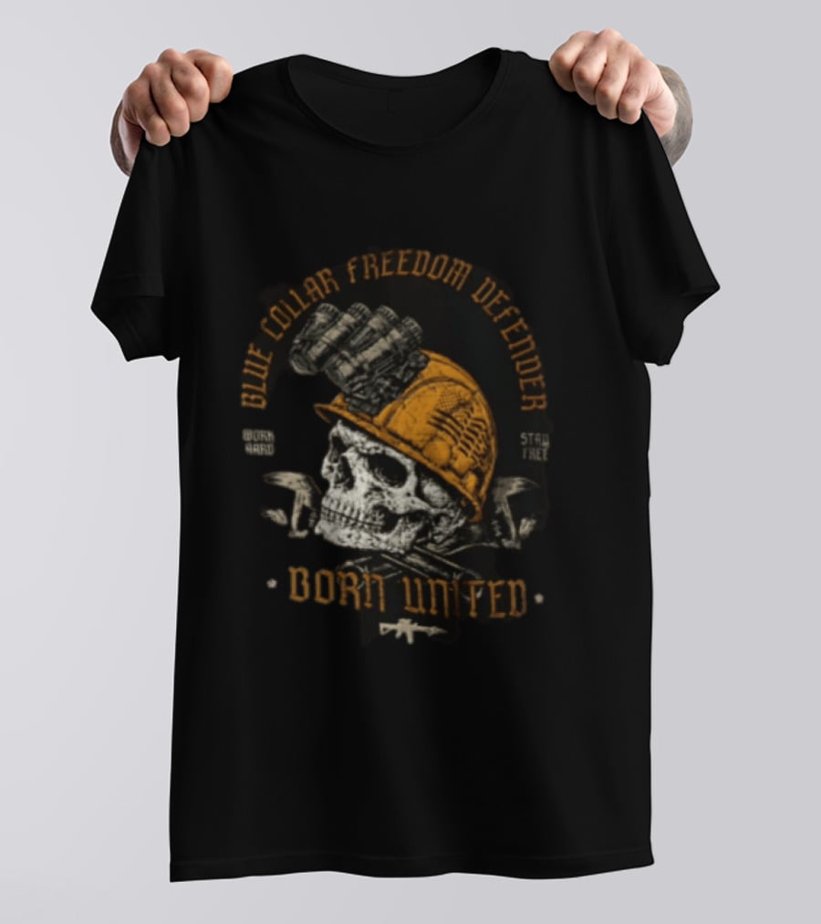 Blue Collar Freedom Defender Born United Stay Free Skull Helmet T-Shirt