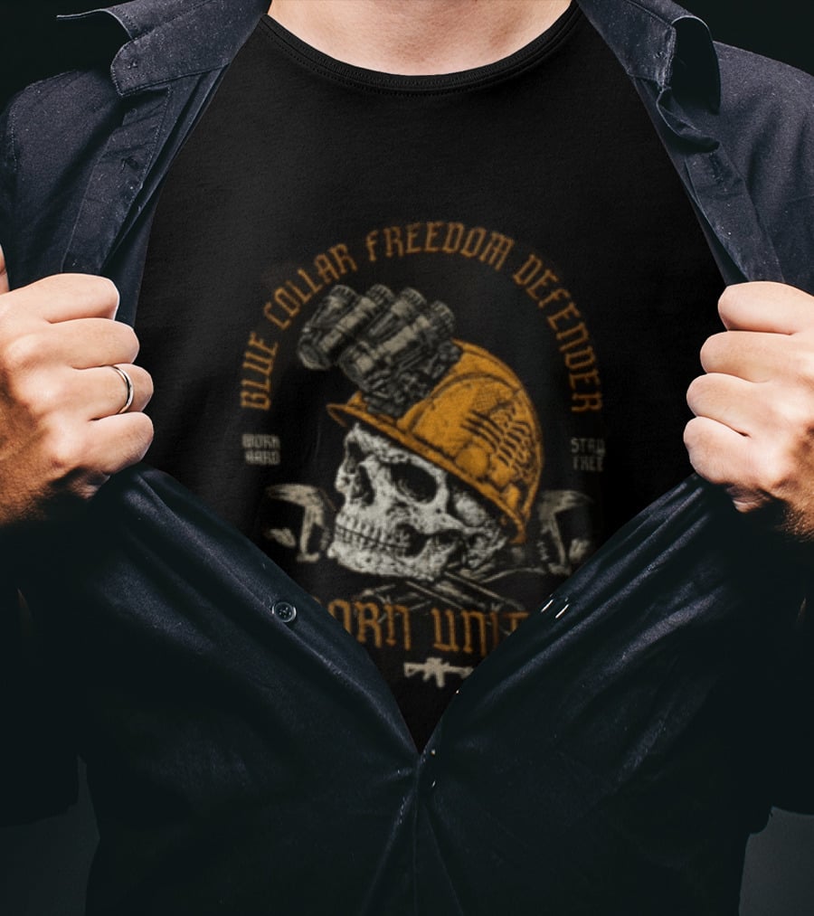 Blue Collar Freedom Defender Born United Stay Free Skull Helmet T-Shirt