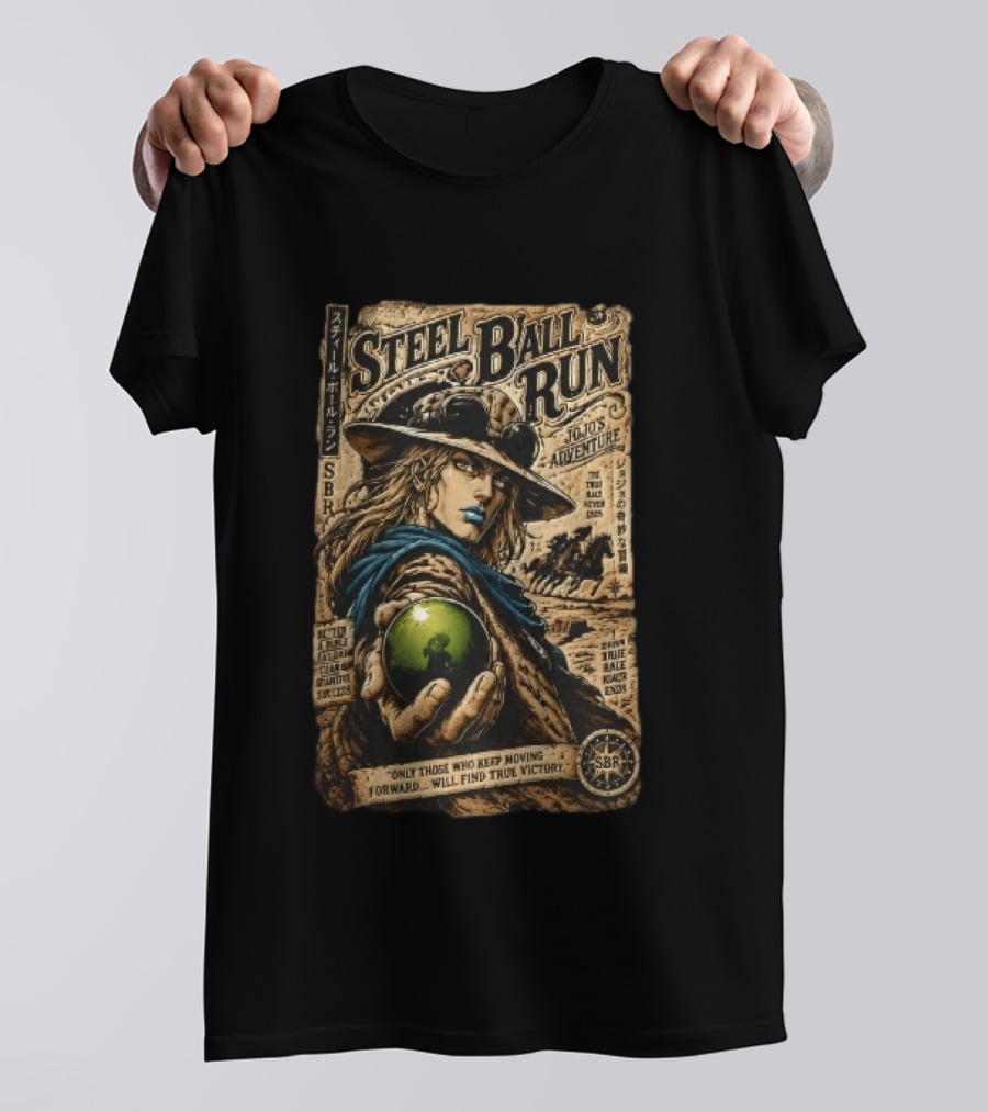 Steel Ball Run Jojo's Adventure Gyro Zeppeli Holding Steel Ball Desert Motif SBR True Man's World Ends Victory T-Shirt