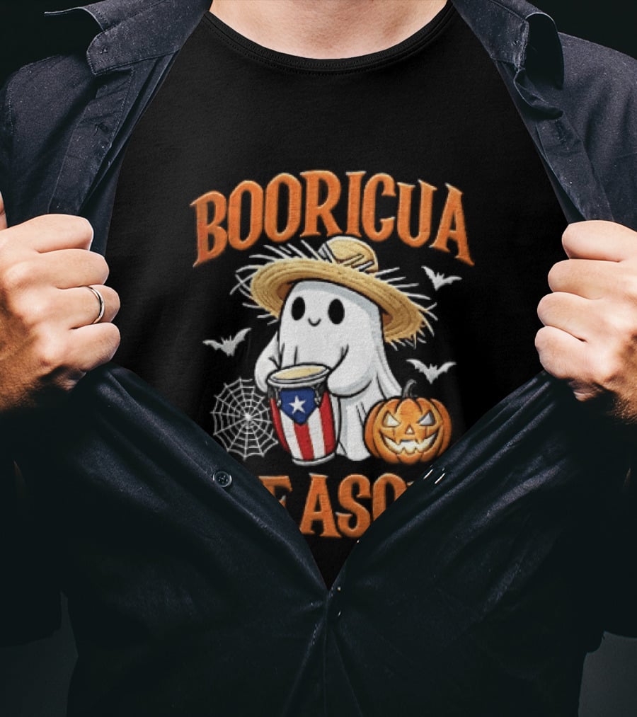 Booricua Season Ghost With Puerto Rico Flag Conga And Pumpkin T-Shirt