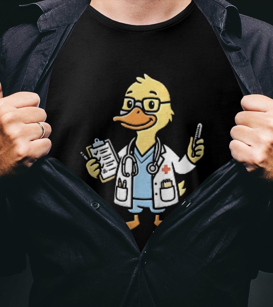 Cartoon Yellow Duck Doctor With Stethoscope Thermometer And Clipboard T-Shirt