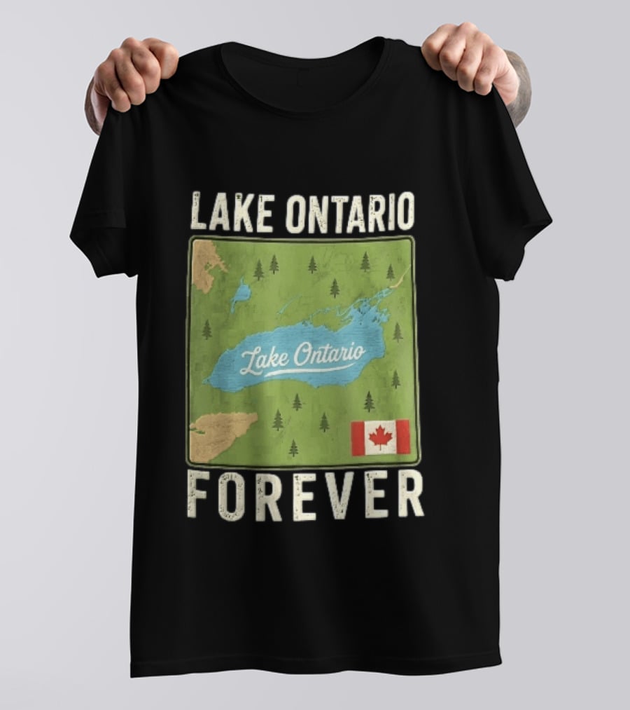 Lake Ontario Forever Distressed Map With Canadian Flag And Pine Trees T-Shirt
