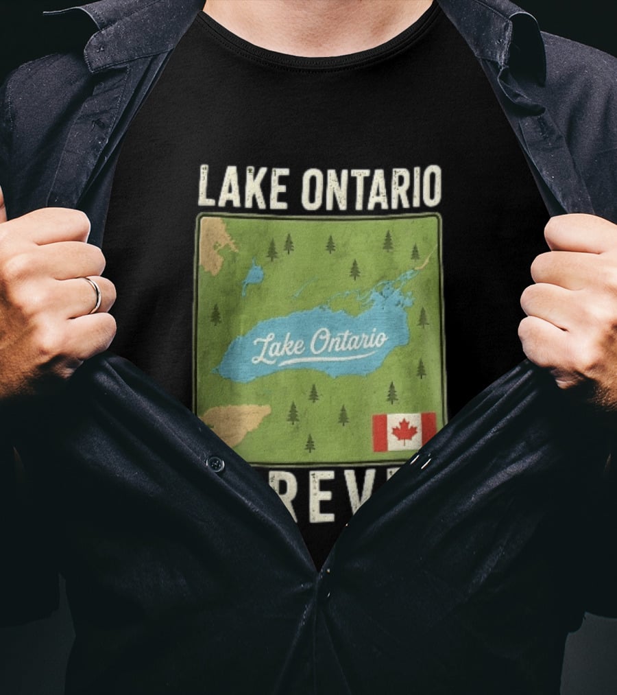 Lake Ontario Forever Distressed Map With Canadian Flag And Pine Trees T-Shirt