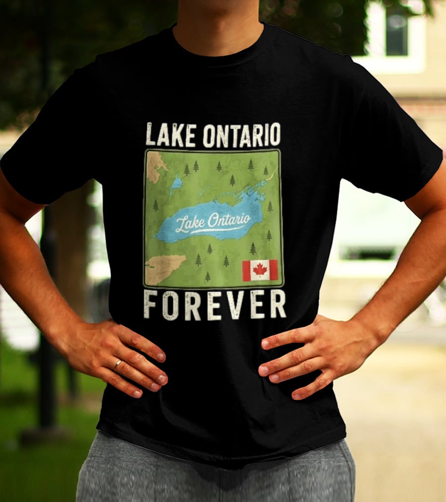Lake Ontario Forever Distressed Map With Canadian Flag And Pine Trees T-Shirt