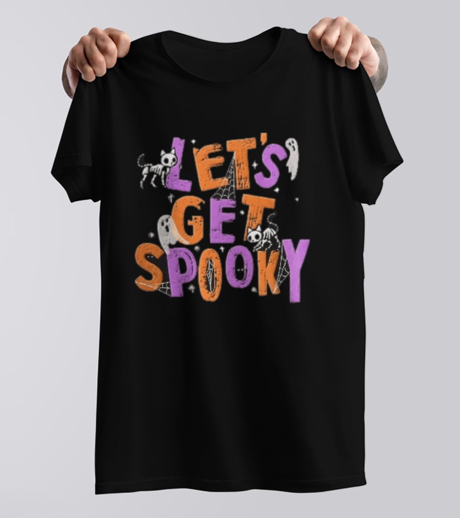 Let's Get Spooky Skeleton Cats Ghosts Spiderwebs Halloween T-Shirt