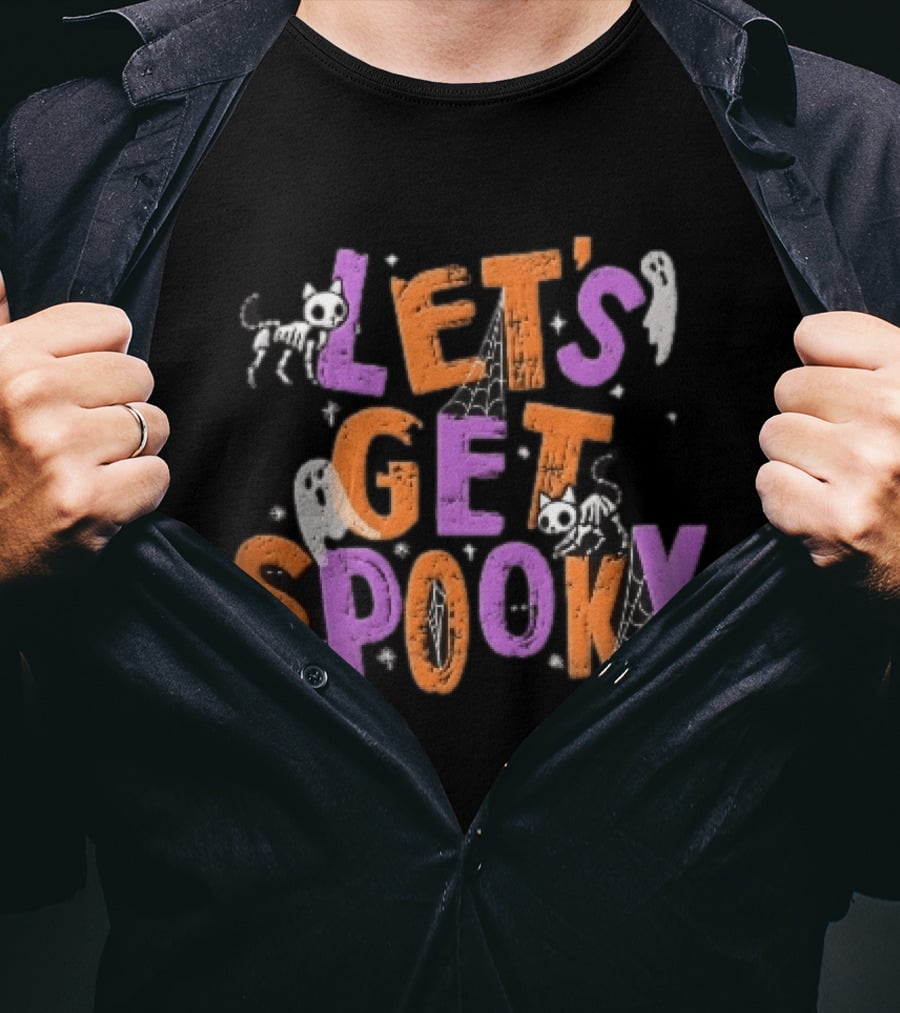 Let's Get Spooky Skeleton Cats Ghosts Spiderwebs Halloween T-Shirt