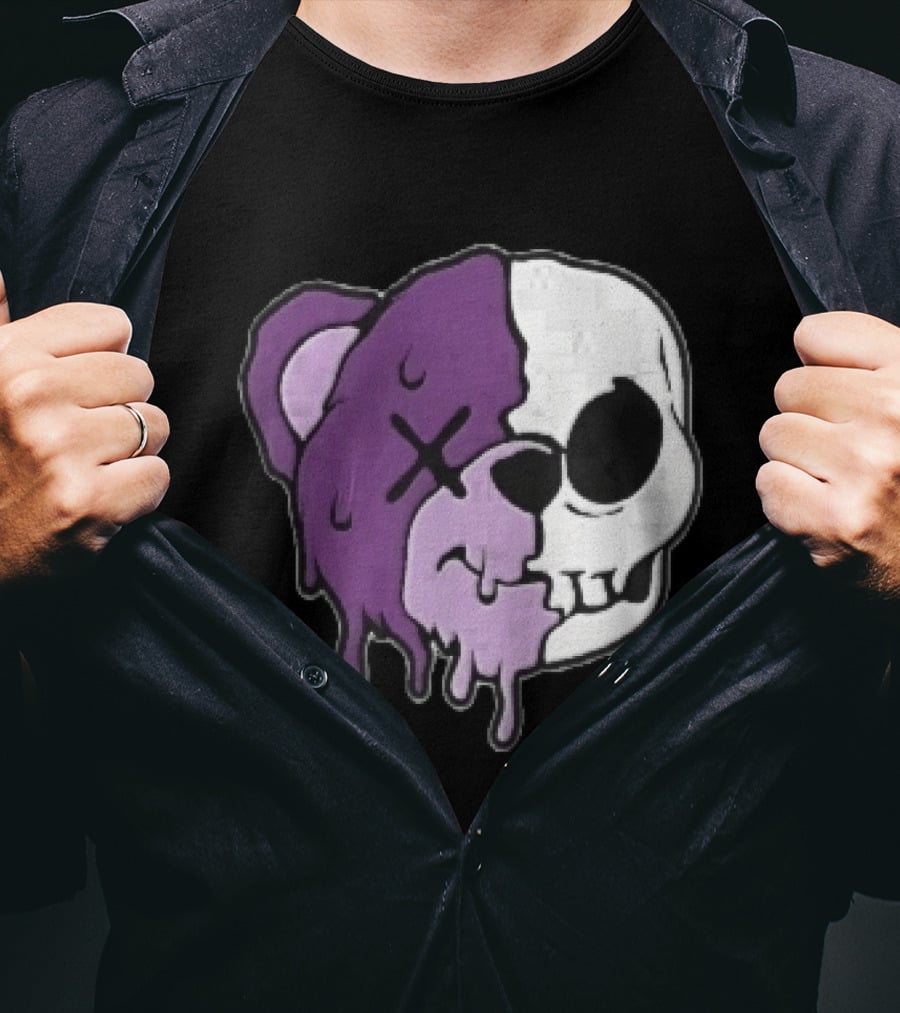 Dripping Purple Teddy Bear Skull Split Face Cartoon T-Shirt