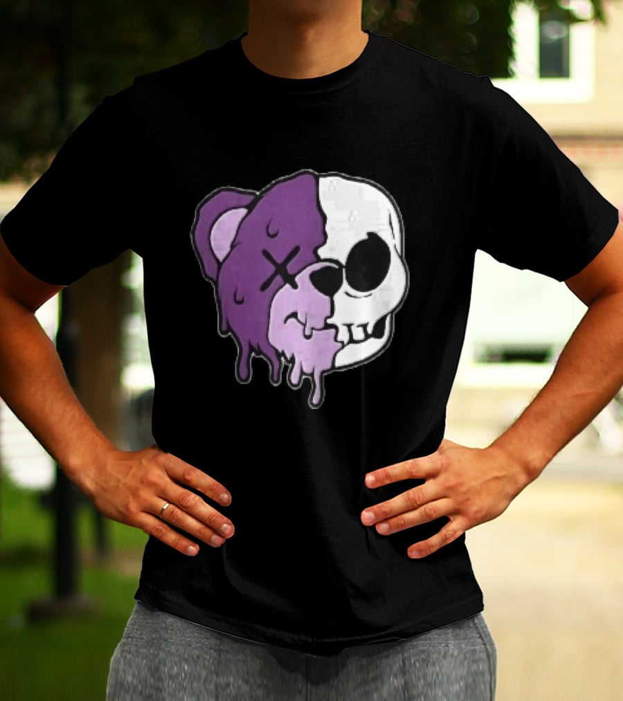 Dripping Purple Teddy Bear Skull Split Face Cartoon T-Shirt