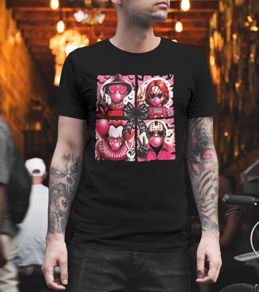Heart Sunglasses Bubblegum Horror Villains With Peace Signs And Lace Bow T-Shirt
