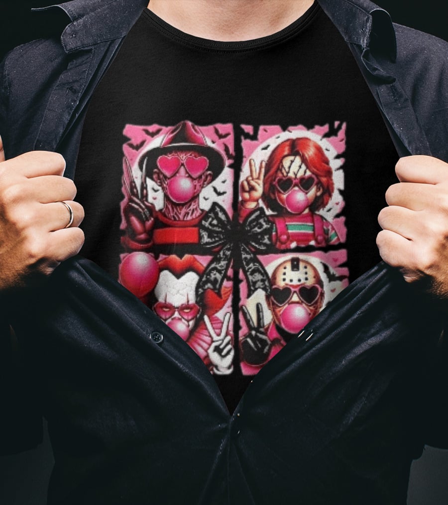 Heart Sunglasses Bubblegum Horror Villains With Peace Signs And Lace Bow T-Shirt