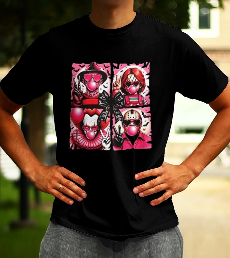 Heart Sunglasses Bubblegum Horror Villains With Peace Signs And Lace Bow T-Shirt