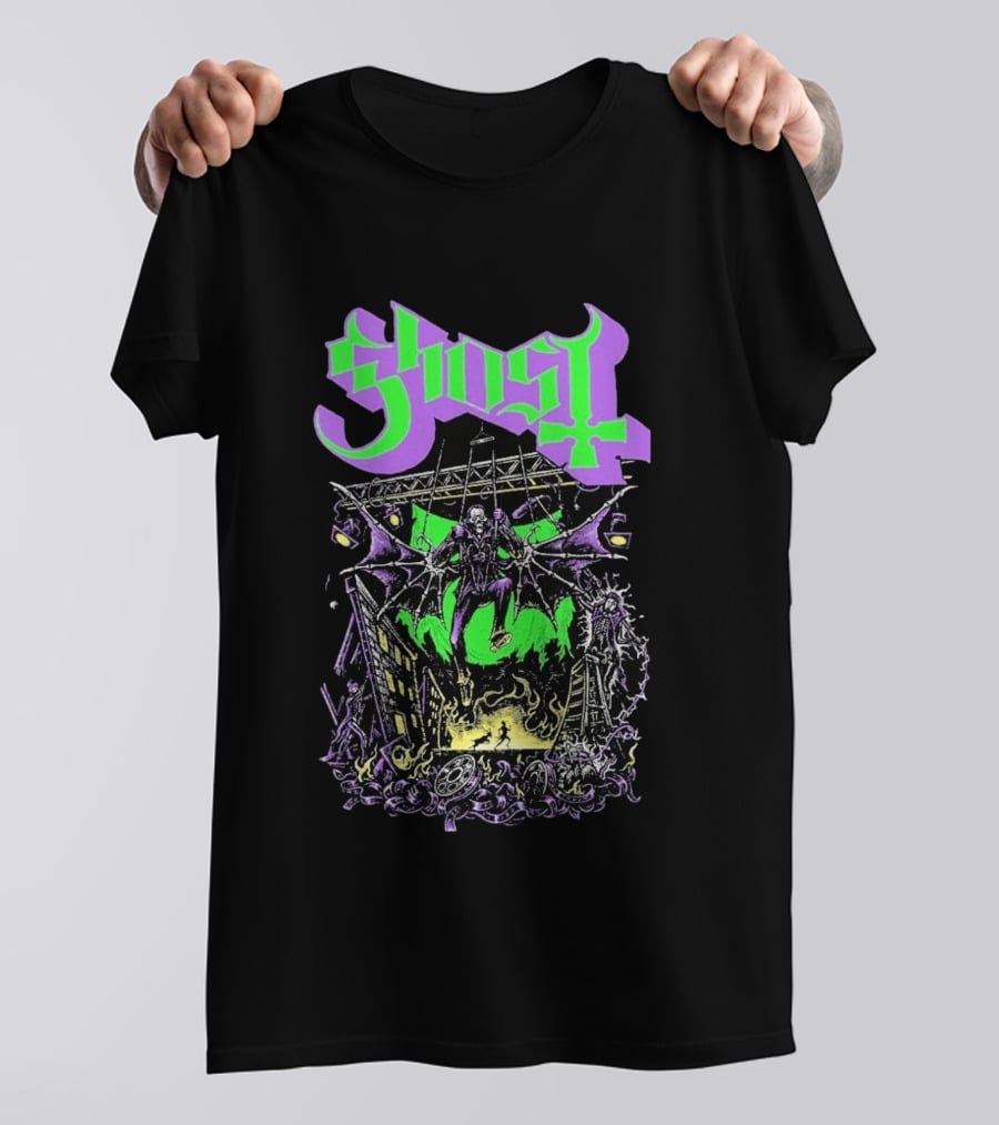 Ghost 2 Big To Rig Cursed Production Artwork With Bat Wings And Fire Scene T-Shirt