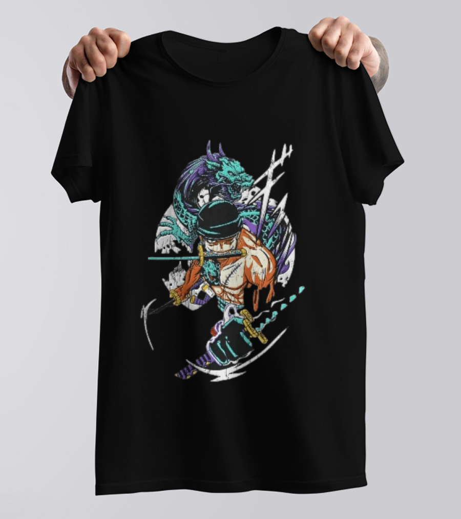 Three Sword Anime Fighter Green Dragon Warrior Distressed T-Shirt