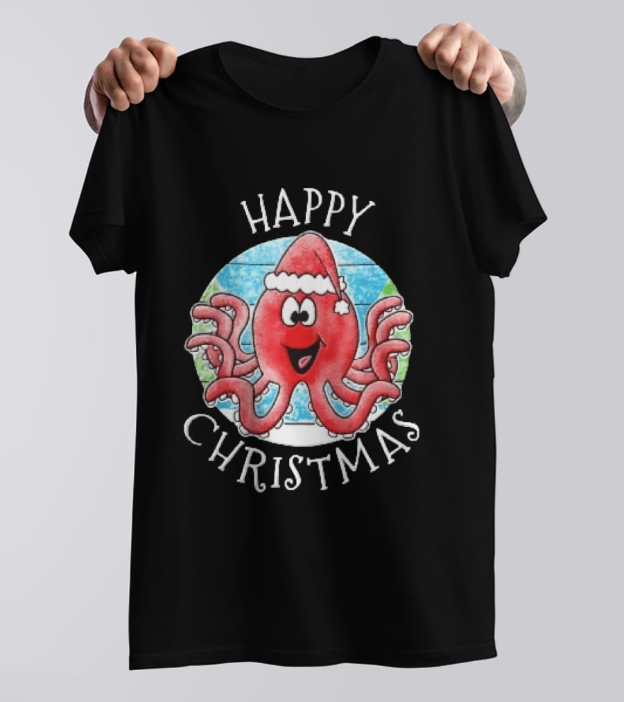 Happy Christmas Red Octopus Santa Hat Ocean Scene T-Shirt