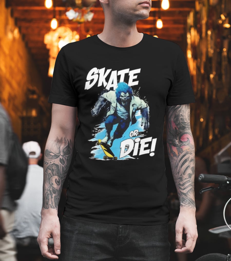 Skate Or Die Wolfy Classic Blue Werewolf Skateboarding T-Shirt