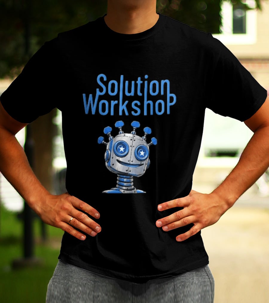Solution Workshop Cartoon Metallic Robot Head With Star Eyes And Guitar Tuning Pegs T-Shirt