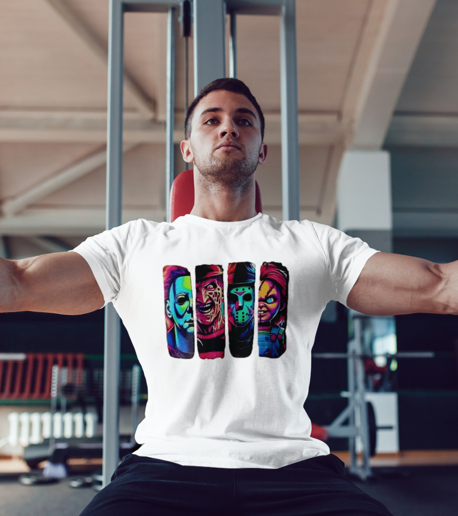 Fluorescent Horror Movie Slasher Faces Vertical Panels T-Shirt