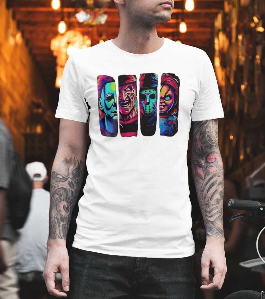 Fluorescent Horror Movie Slasher Faces Vertical Panels T-Shirt