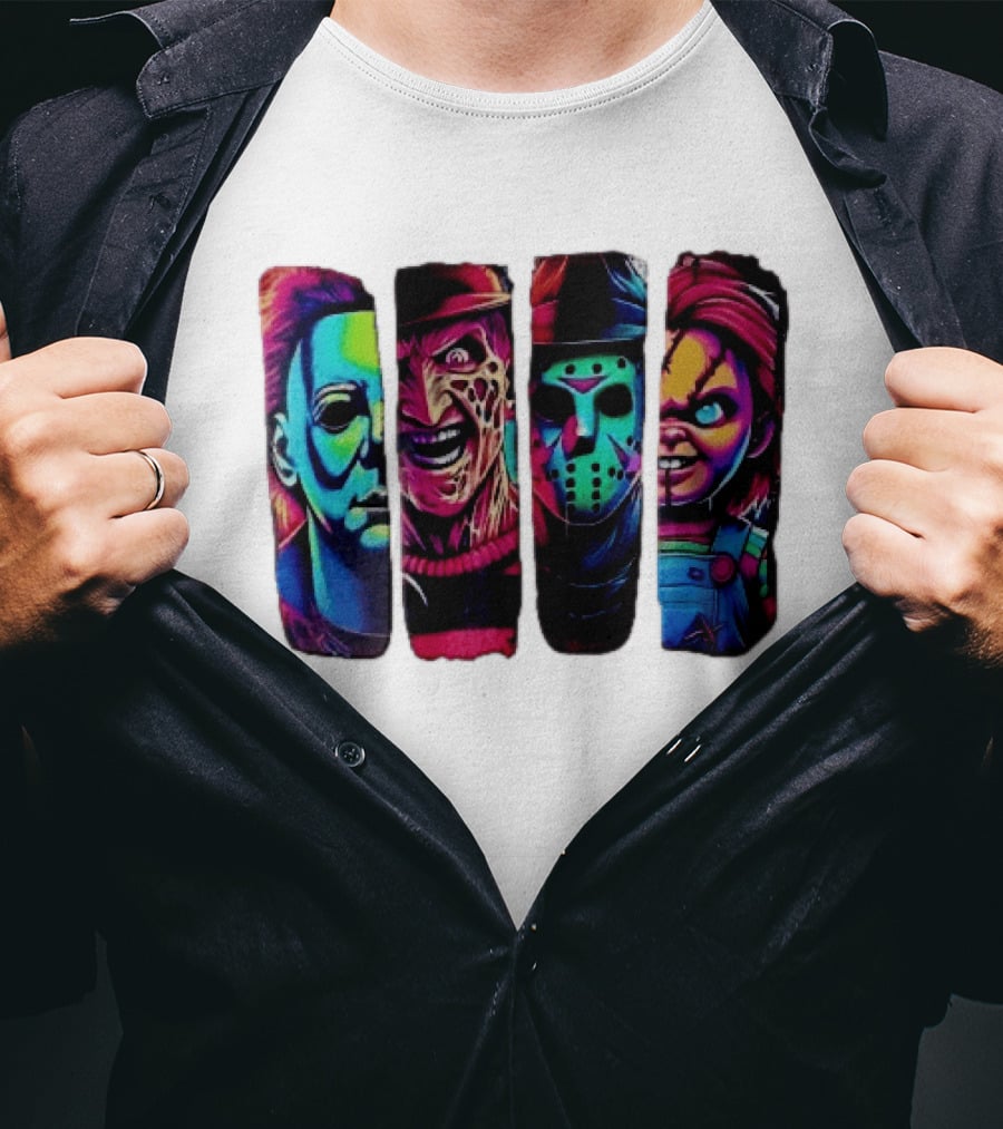 Fluorescent Horror Movie Slasher Faces Vertical Panels T-Shirt