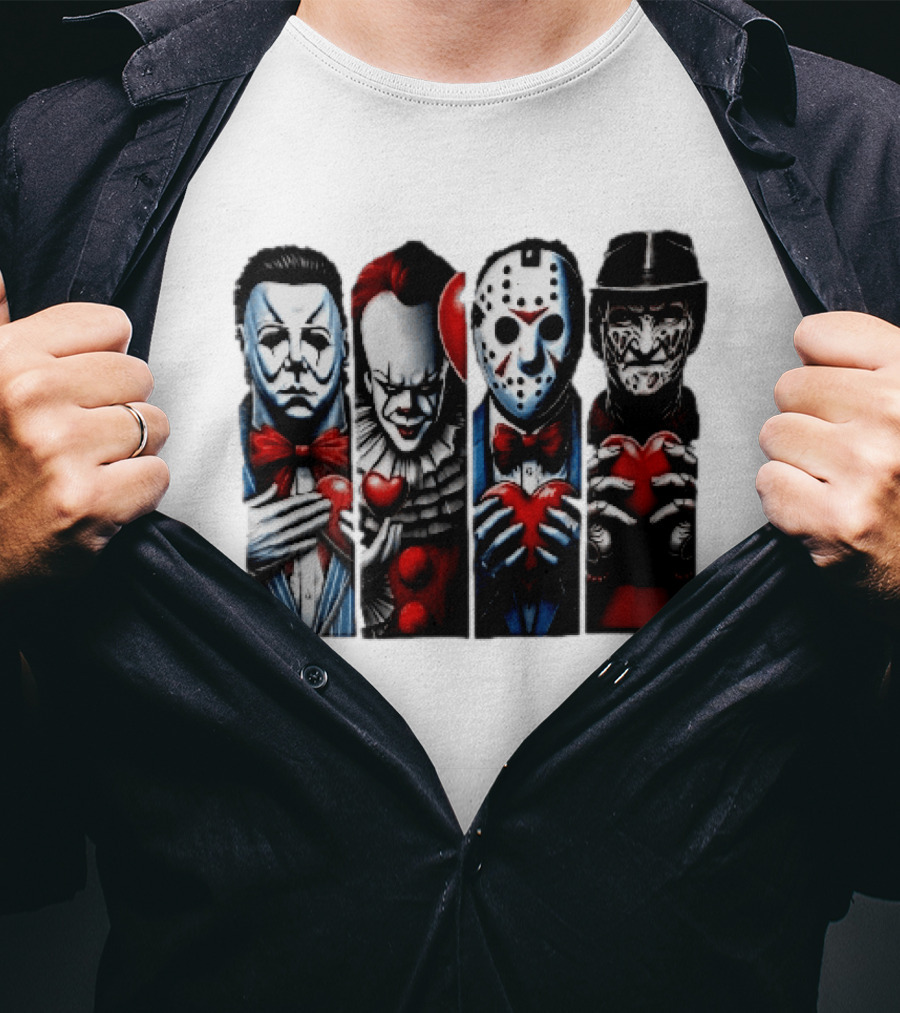 Classic Horror Villains With Red Valentine Hearts T-Shirt
