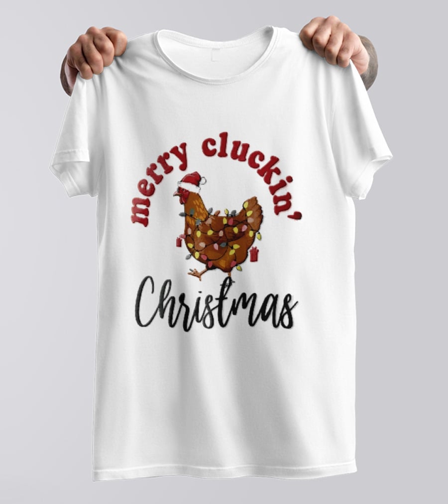 Merry Cluckin Christmas Chicken Santa Hat Colorful String Lights T-Shirt