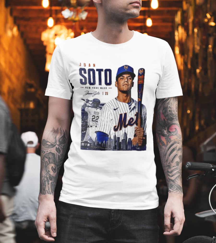 Juan Soto New York Mets MLB 22 Player Batting Skyline Collage T-Shirt
