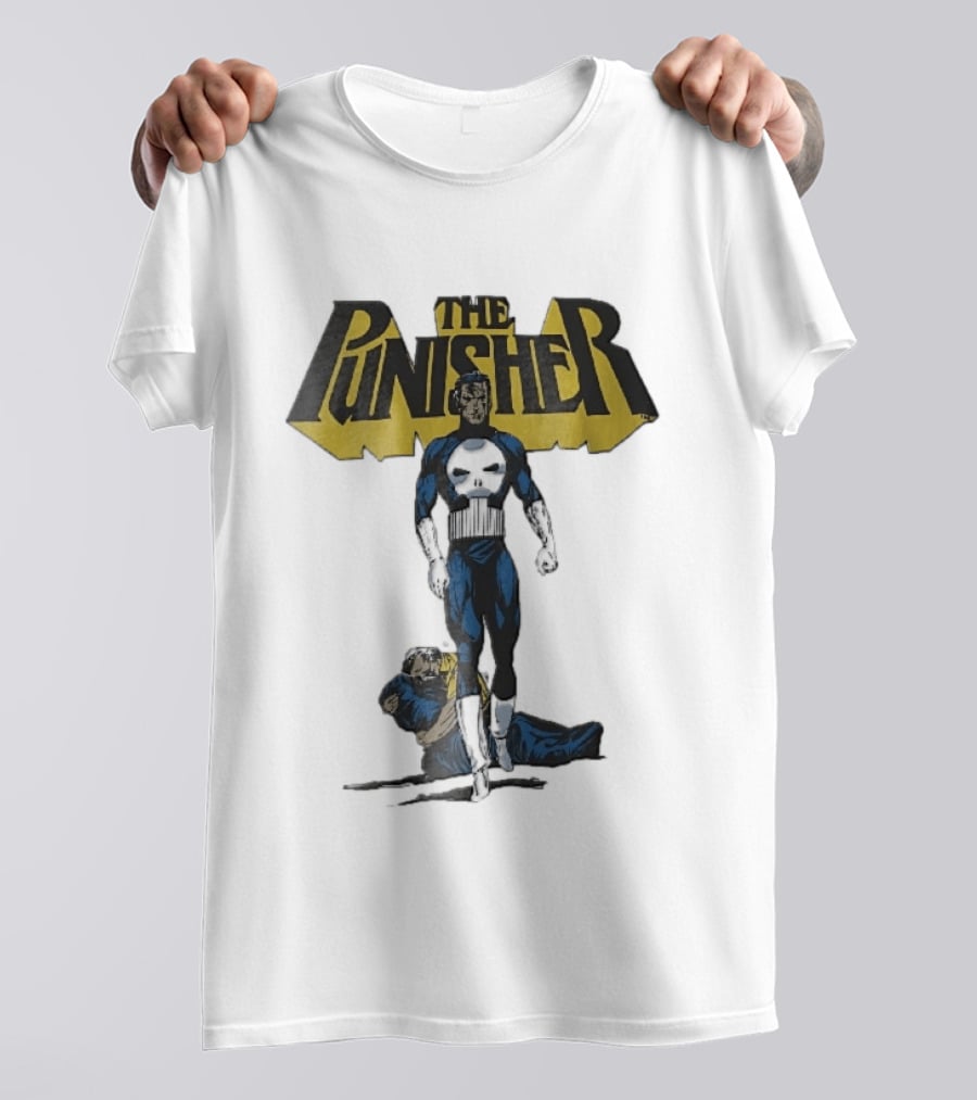 The Punisher Superhero Skull Comic Walking Scene With Defeated Man T-Shirt
