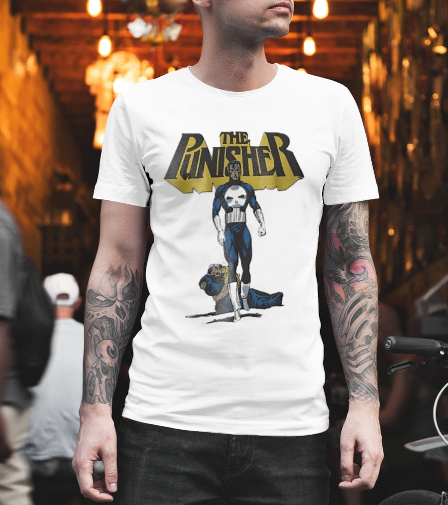 The Punisher Superhero Skull Comic Walking Scene With Defeated Man T-Shirt