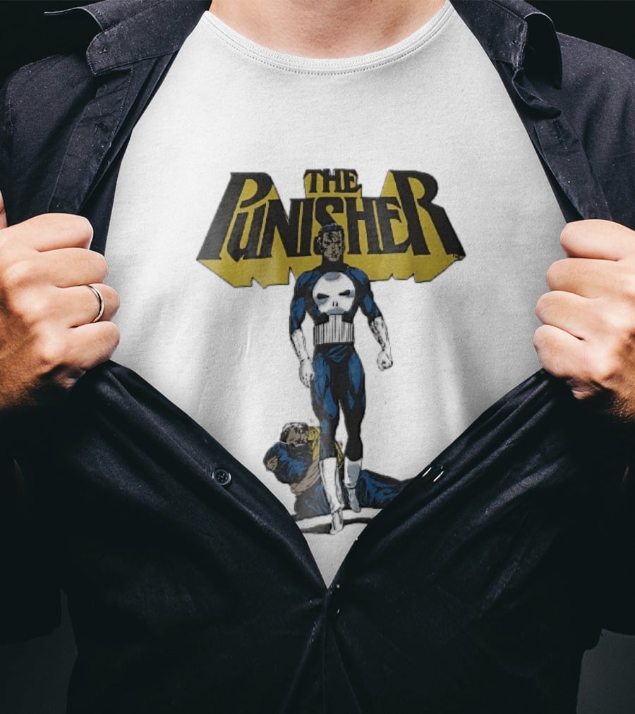 The Punisher Superhero Skull Comic Walking Scene With Defeated Man T-Shirt