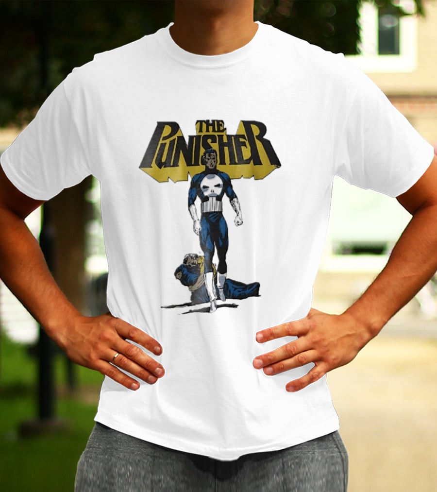 The Punisher Superhero Skull Comic Walking Scene With Defeated Man T-Shirt