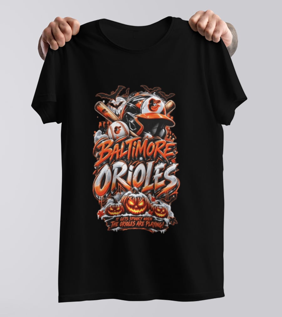 Baltimore Orioles MLB It Gets Spooky When They Are Playing Halloween Pumpkins Baseball T-Shirt