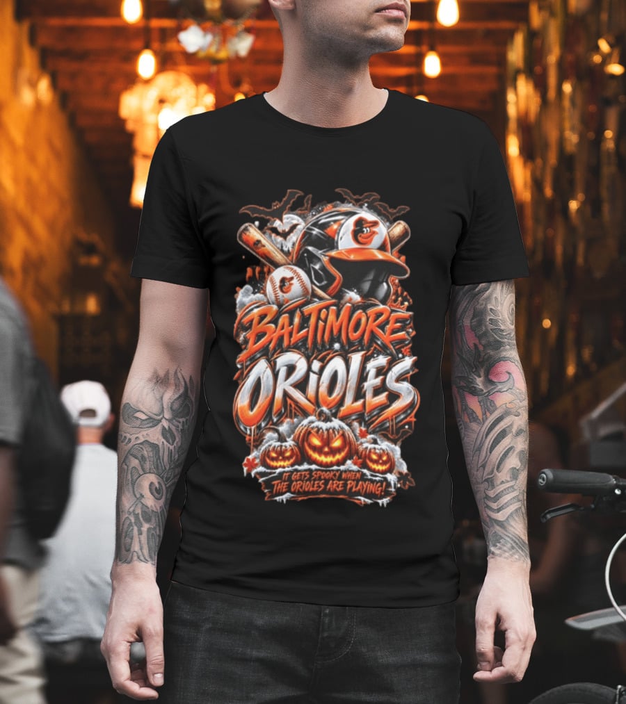 Baltimore Orioles MLB It Gets Spooky When They Are Playing Halloween Pumpkins Baseball T-Shirt