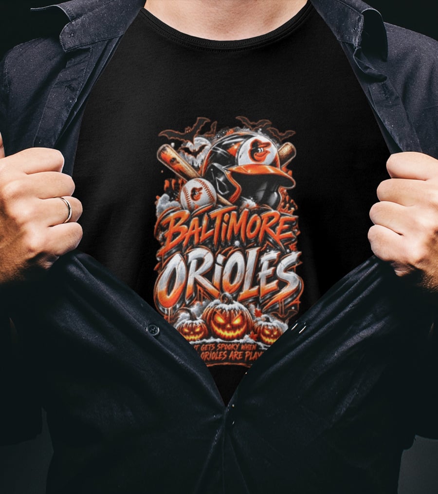Baltimore Orioles MLB It Gets Spooky When They Are Playing Halloween Pumpkins Baseball T-Shirt