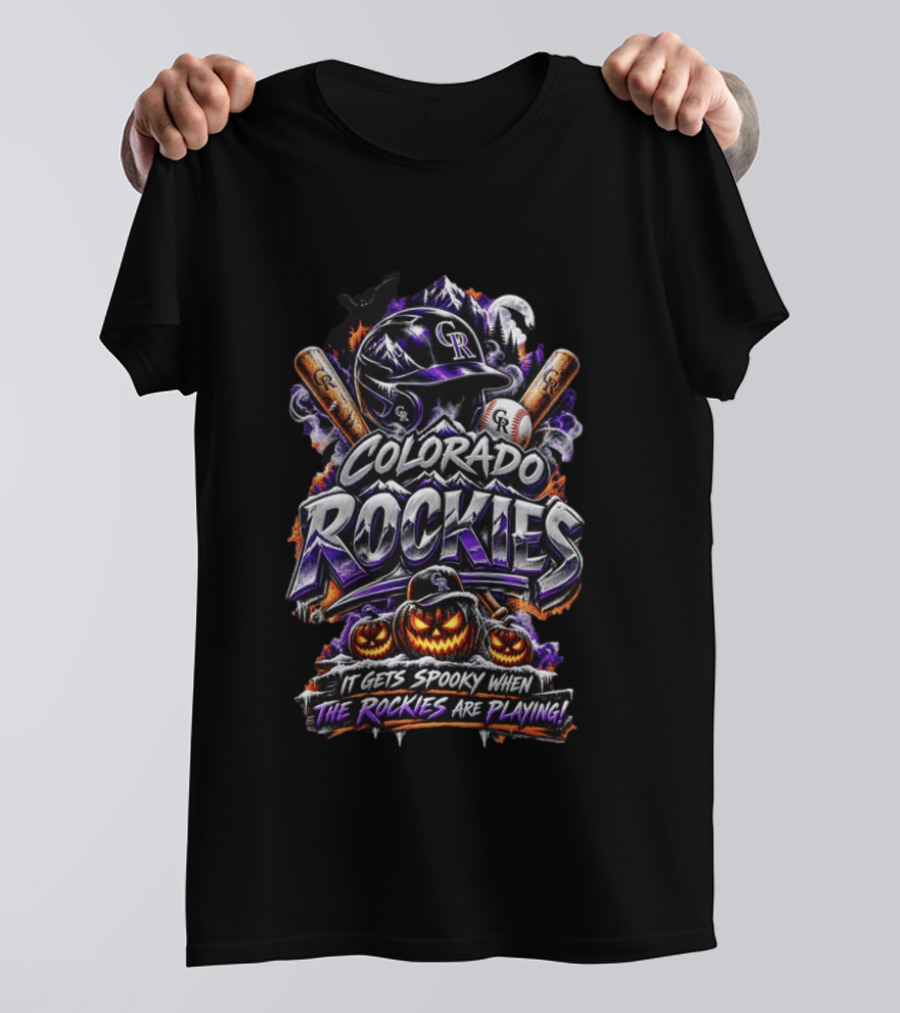 Colorado Rockies Spooky Halloween Baseball Theme With Bats And Pumpkin T-Shirt