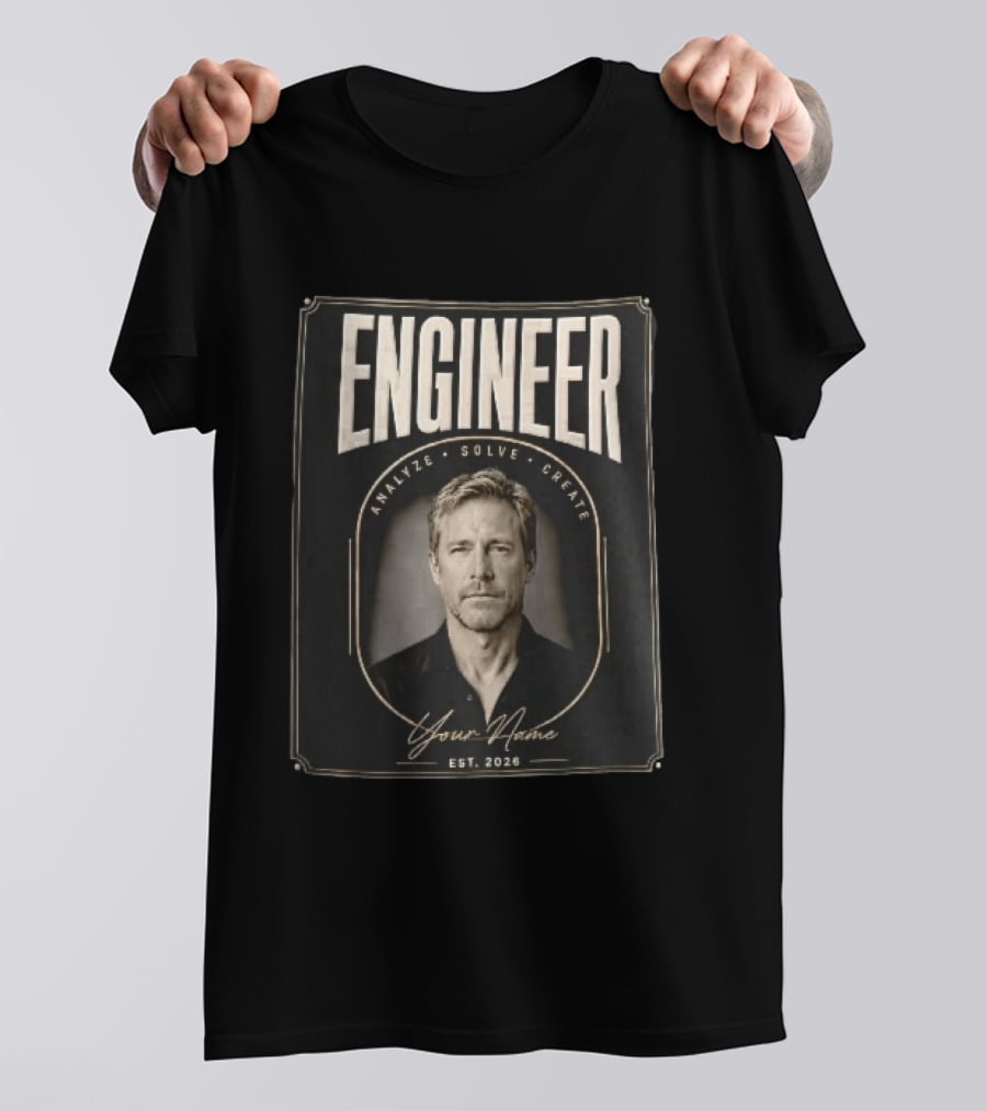 Engineer Analyze Solve Create Portrait Your Name Est 2026 Man Arch Gold Frame T-Shirt