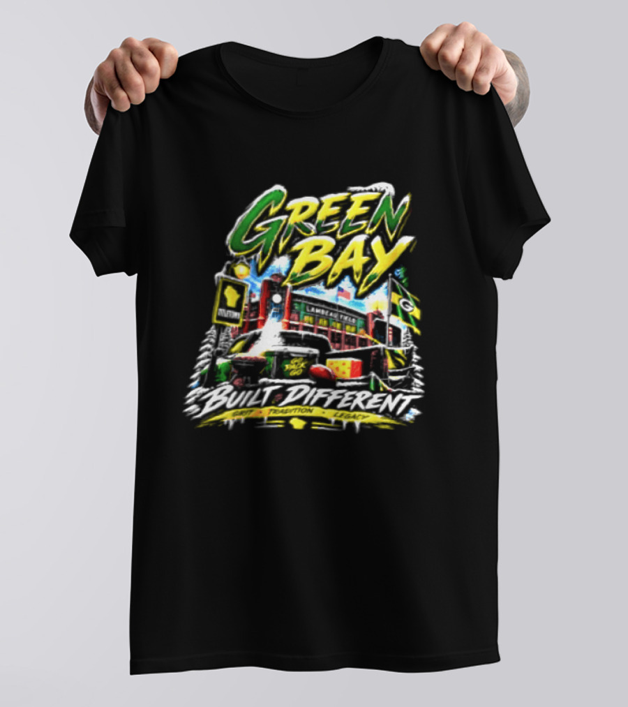 Green Bay Packers Built Different Grit Tradition Legacy Scenic Cheesehead Cityscape T-Shirt
