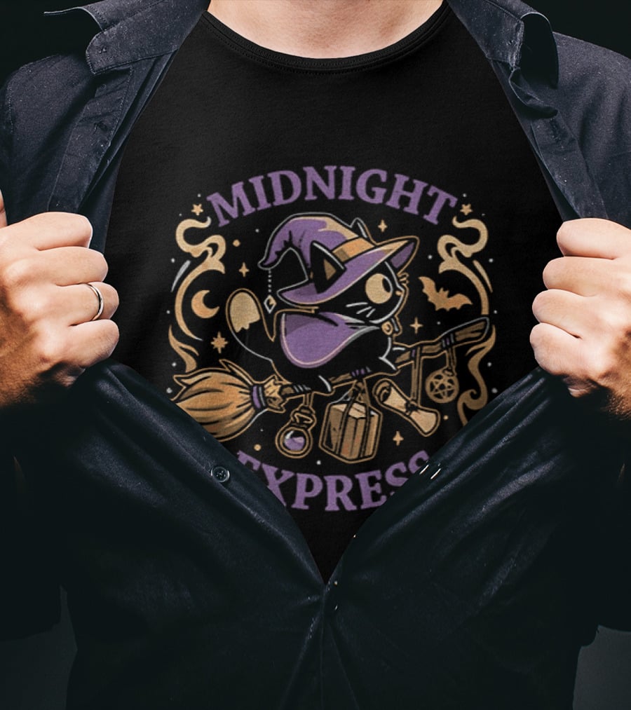 Midnight Express Witchy Cat Magic Broom Halloween T-Shirt