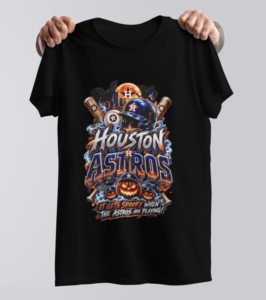 Houston Astros Halloween Spooky Theme With Pumpkins And Bats T-Shirt