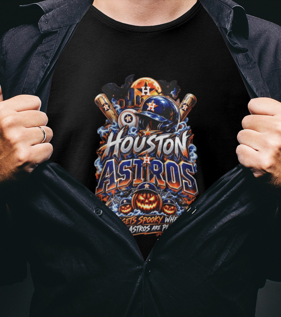 Houston Astros Halloween Spooky Theme With Pumpkins And Bats T-Shirt