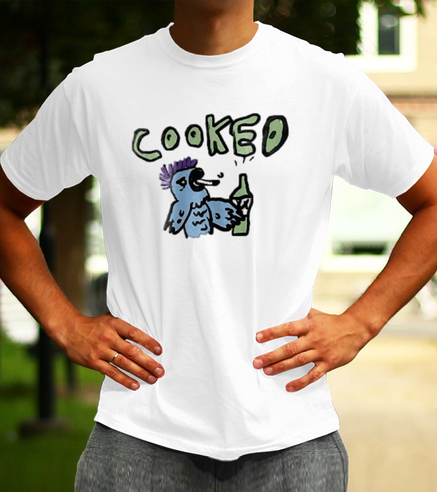Cooked Cartoon Blue Parrot Smoking Cigarette Holding Alcohol Bottle T-Shirt